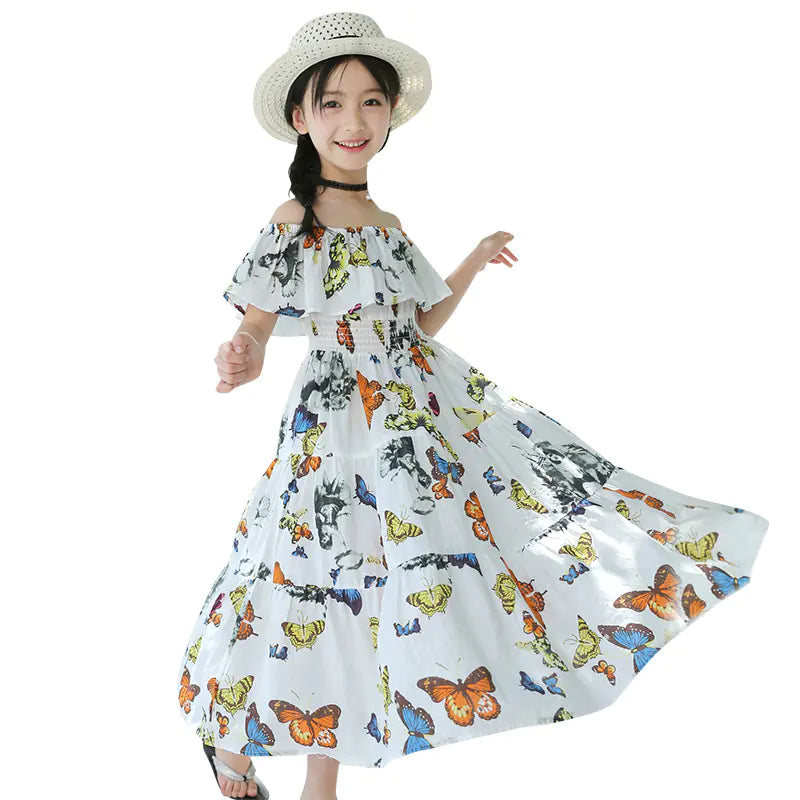 Girls' Bohemian Floral Butterfly Cotton Maxi Dress