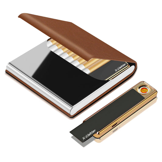 X-LIGHTER Cigarette Case with Lighter for 84MM King Size Smell Proof Ultra Slim Leather Cigarette Holder Case for Men Business